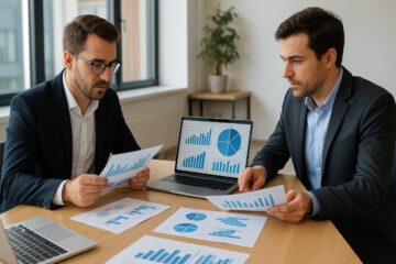 Due manager che confrontano dati per attività di benchmarking aziendale