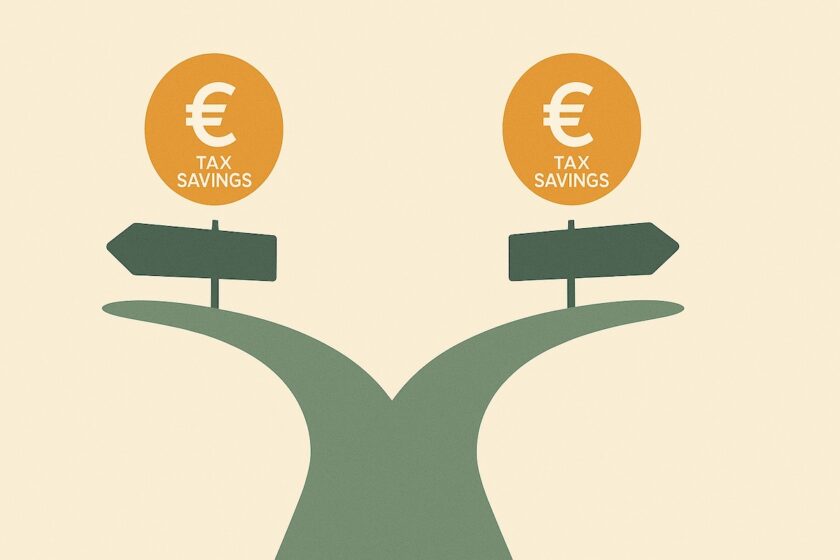 Differenza tra deduzione e detrazione rappresentata con due percorsi fiscali
