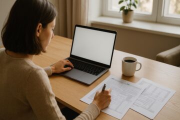 Persona freelance che lavora da casa con documenti fiscali e computer