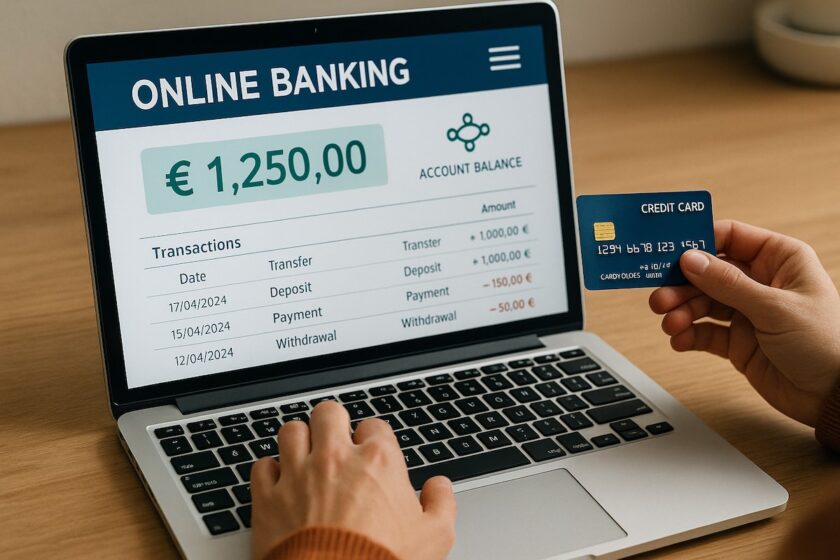mano che tiene carta di credito mentre controlla saldo bancario al computer