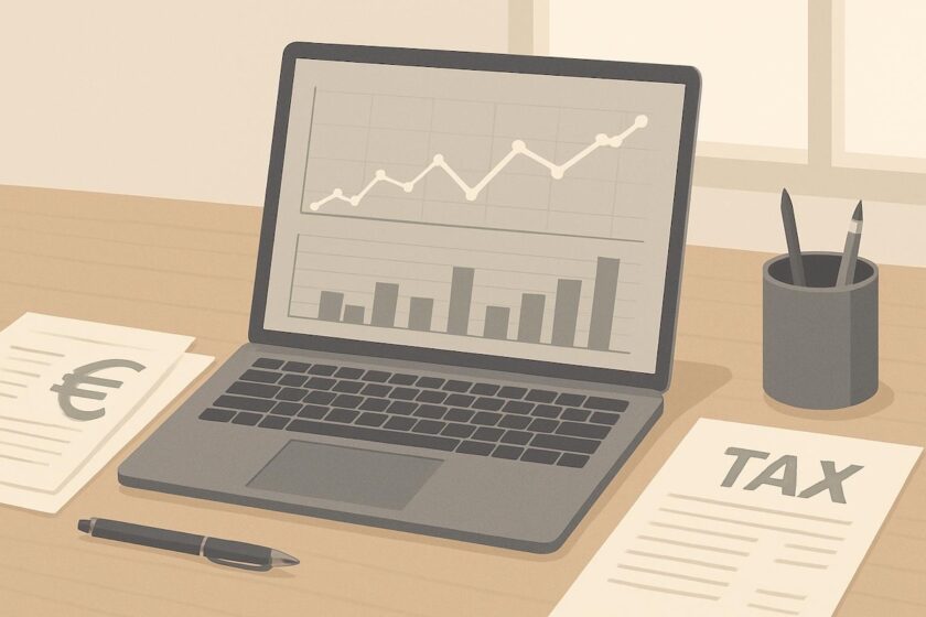 Scrivania con laptop, grafici finanziari e documenti fiscali in euro