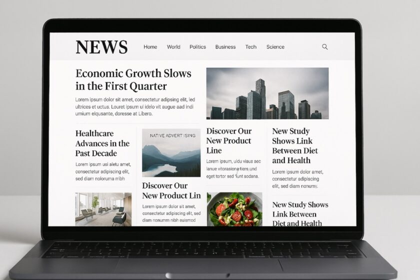 Vista di un laptop con un sito editoriale dove è visibile un annuncio nativo all’interno del feed degli articoli