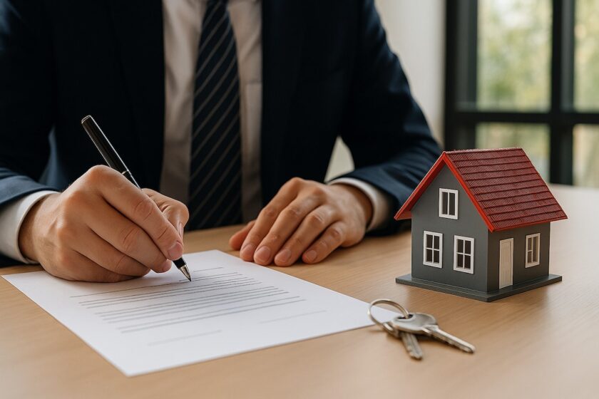 Firma di un contratto di mutuo con chiavi e modellino di casa sul tavolo