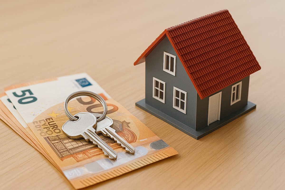 Chiavi di casa appoggiate su banconote con modellino di abitazione