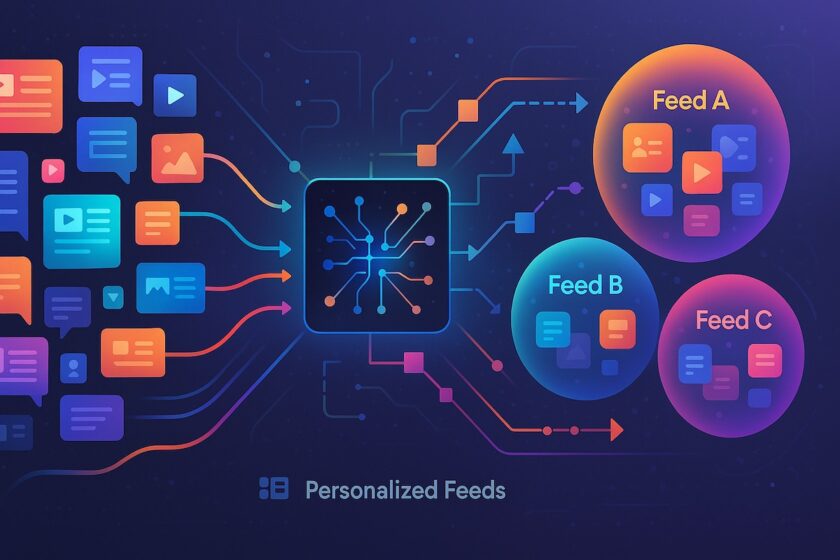Illustrazione astratta di un algoritmo che seleziona e ordina contenuti in bolle informative