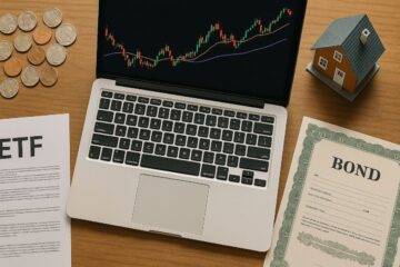 Monete, grafici azionari, casa in miniatura e documenti ETF su una scrivania