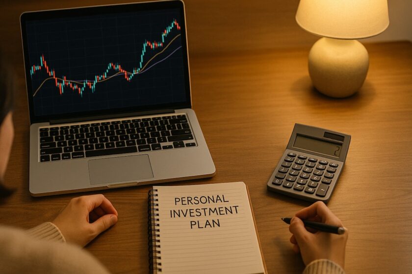 Persona che scrive su un quaderno con laptop e calcolatrice mentre analizza grafici finanziari