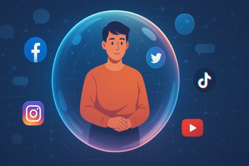 Illustrazione concettuale di una persona in una bolla digitale circondata da icone di social media