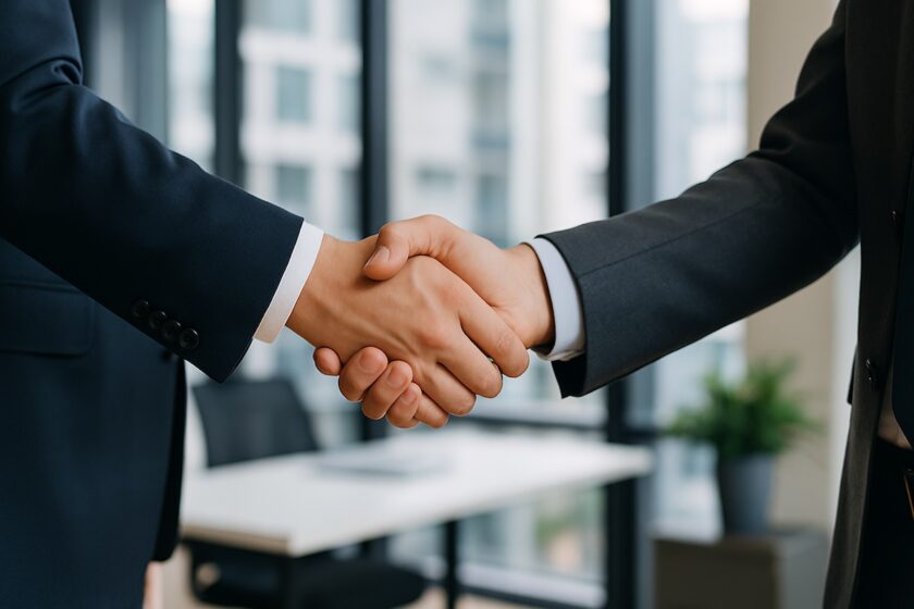 Due persone che si stringono la mano in ufficio come simbolo di approvazione e fiducia