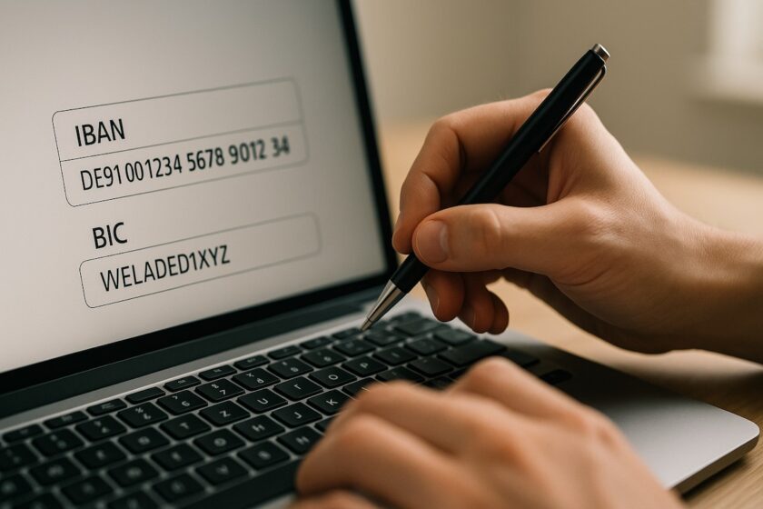 Persona che compila un modulo online inserendo codice IBAN e BIC per un bonifico estero.