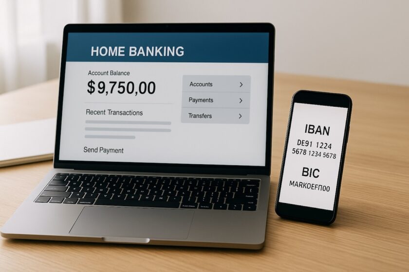 Laptop e smartphone con schermata di conto online che mostra il codice BIC e IBAN della banca.