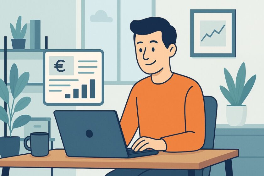 Giovane investitore al computer rilassato mentre gestisce i propri investimenti con regime amministrato