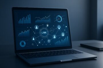 Laptop con grafici e icone digitali che rappresentano il marketing di affiliazione.