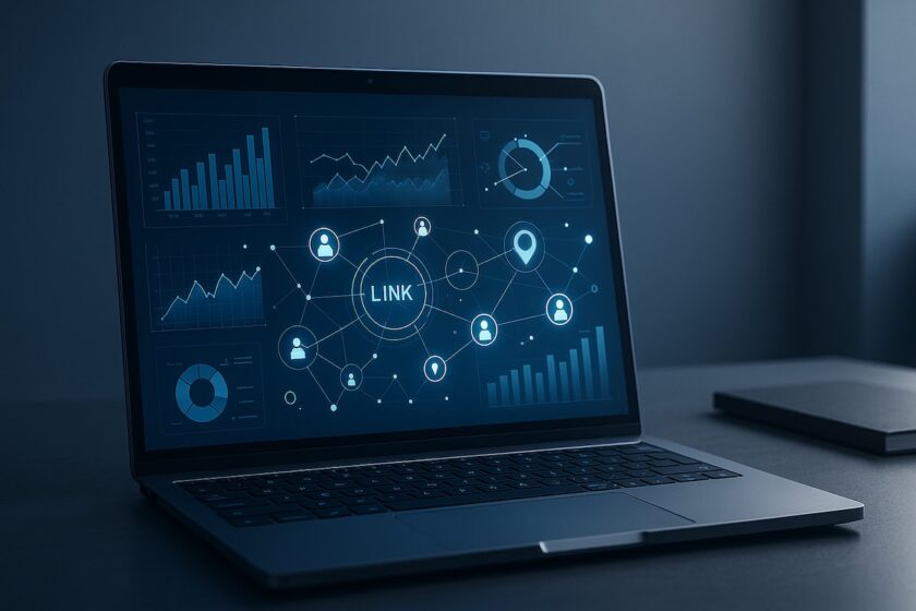 Laptop con grafici e icone digitali che rappresentano il marketing di affiliazione.