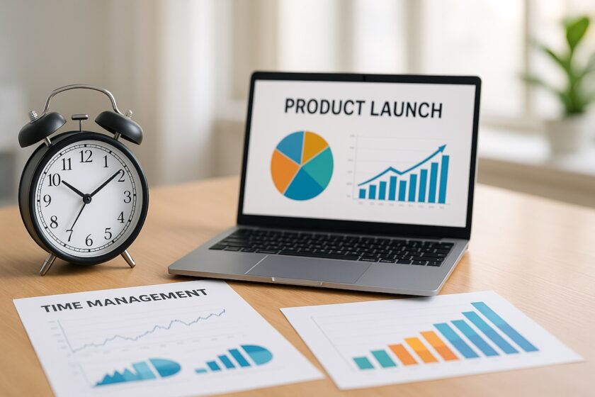 Orologio da scrivania accanto a laptop e grafici aziendali in ufficio moderno