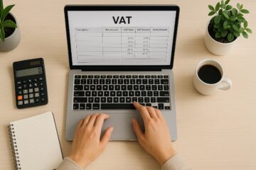 Persona che calcola l’IVA su un foglio Excel con laptop e mani visibili