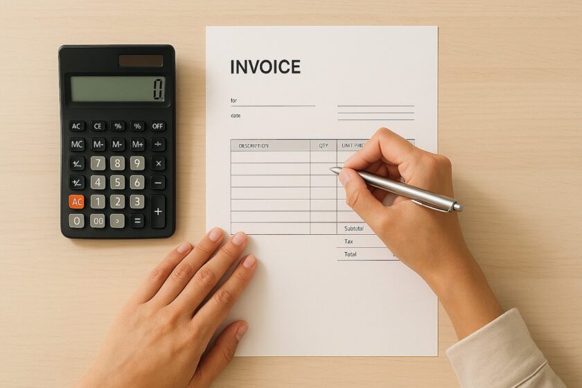 Calcolatrice e fattura su scrivania con mani al lavoro, simbolo del calcolo dell’IVA