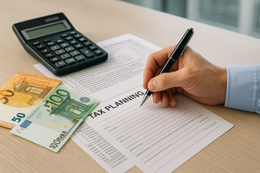 Scrivania con banconote in euro, documenti fiscali e calcolatrice