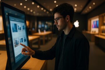 Persona interagisce con uno schermo touch in uno store tecnologico moderno