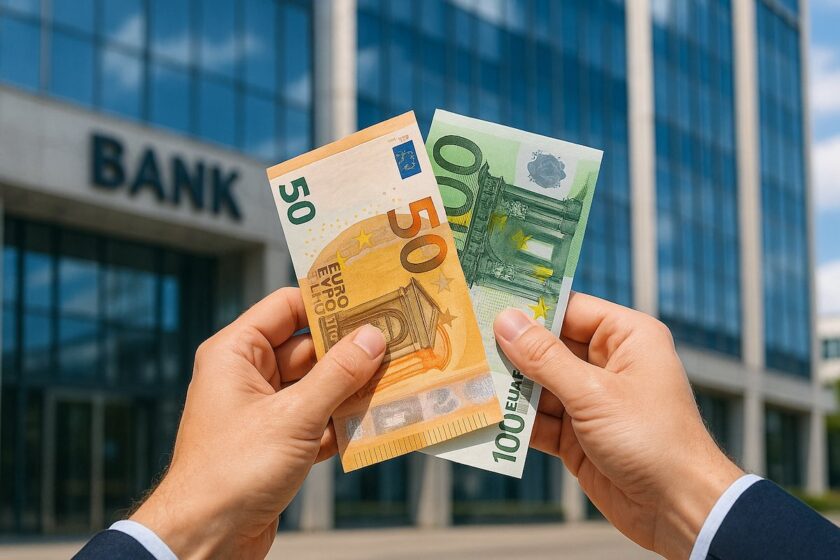 Mani che tengono banconote da 50 e 100 euro davanti a una banca