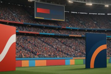 Stadio pieno di tifosi con cartelloni pubblicitari generici che richiamano il concetto di ambush marketing