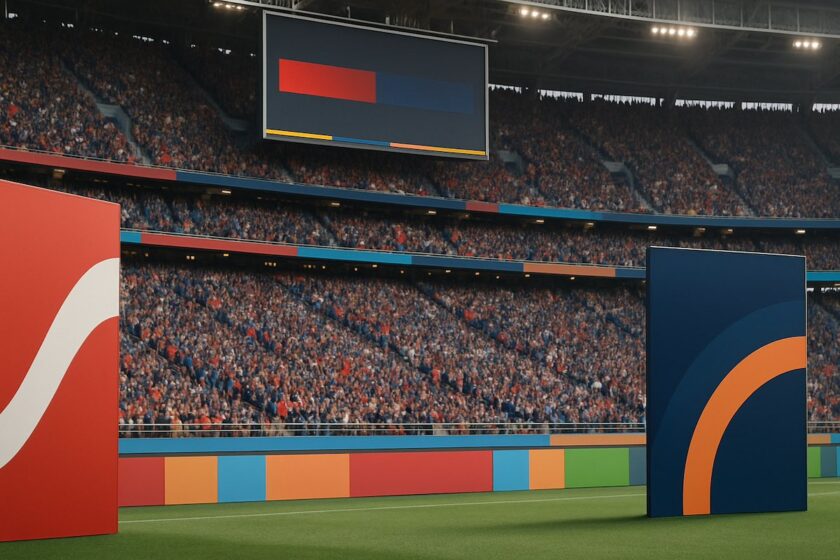 Stadio pieno di tifosi con cartelloni pubblicitari generici che richiamano il concetto di ambush marketing