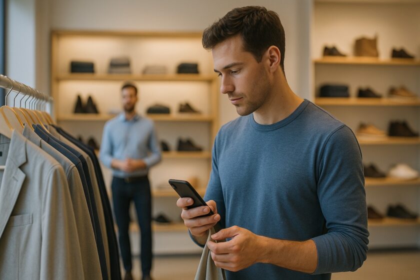 Cliente in un negozio fisico che guarda lo smartphone mentre valuta un prodotto sugli scaffali