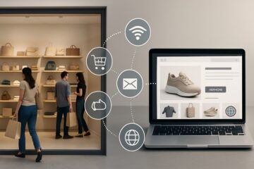 Illustrazione concettuale che mostra un negozio fisico e un sito e-commerce collegati tra loro