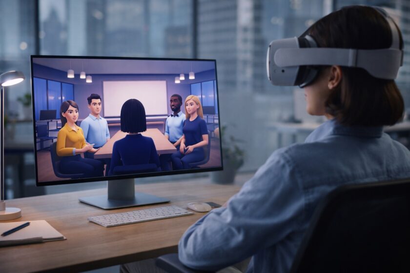 Persona in ufficio con visore VR che partecipa a una riunione virtuale nel metaverso mostrata sul monitor
