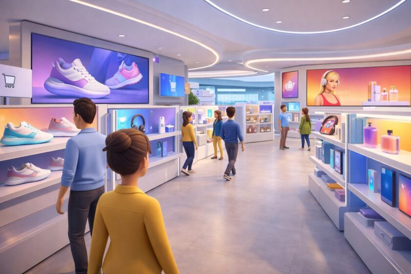 Avatar che visitano uno store 3D di un brand nel metaverso con prodotti digitali esposti