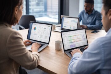 Team sales e marketing che analizza una campagna outbound su laptop e CRM