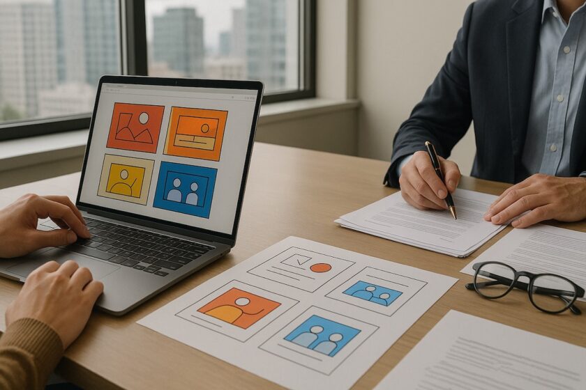 Persone di marketing e ufficio legale che discutono una campagna al tavolo di lavoro