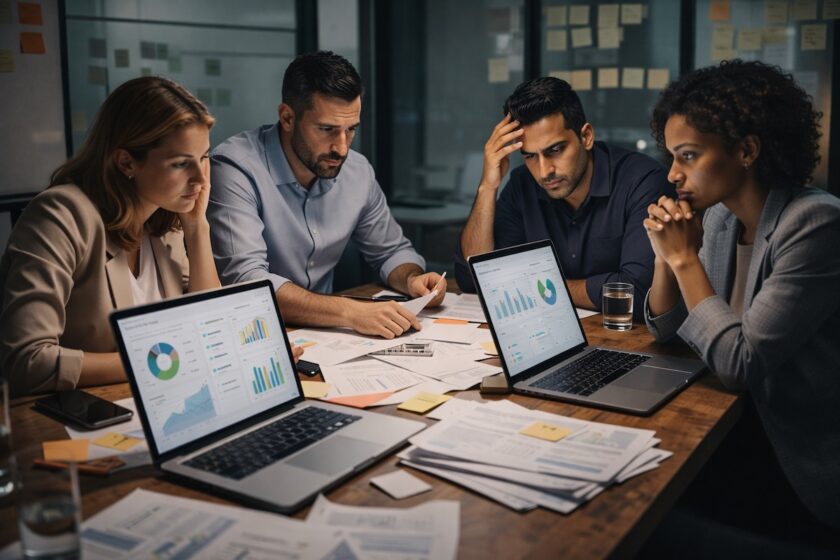 Team in riunione operativa per gestire una crisi aziendale e coordinare le decisioni