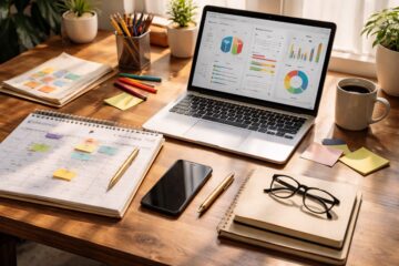 Scrivania con laptop e calendario editoriale per pianificare contenuti social