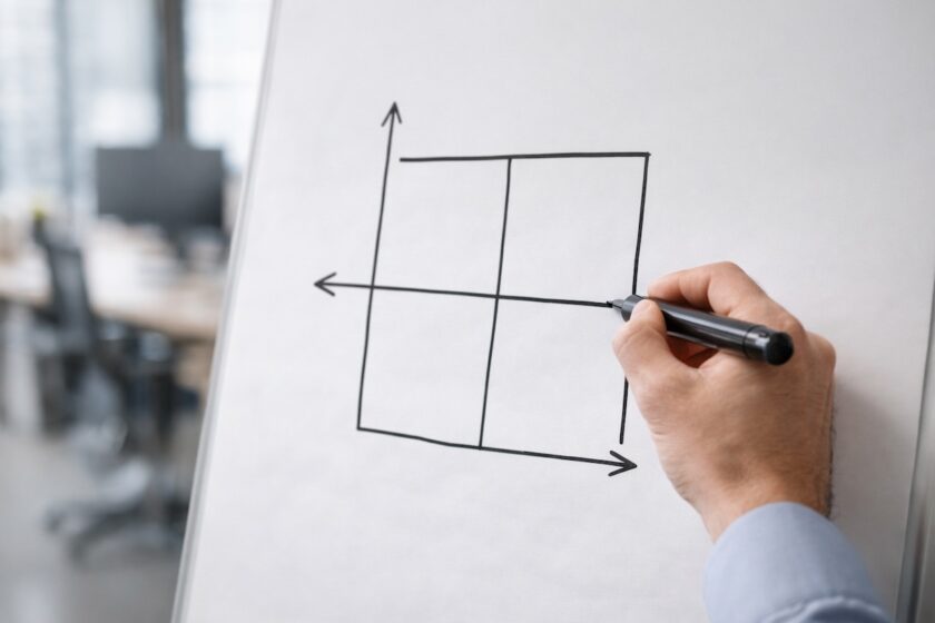 Mano che disegna una matrice 2x2 per valutare portafoglio prodotti e priorità di investimento