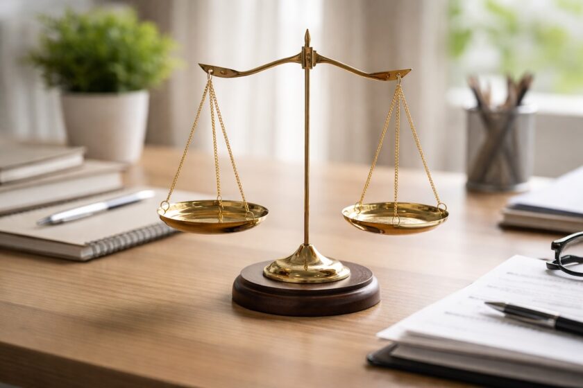 Bilancia su scrivania, simbolo di equilibrio tra nudging, persuasione e manipolazione