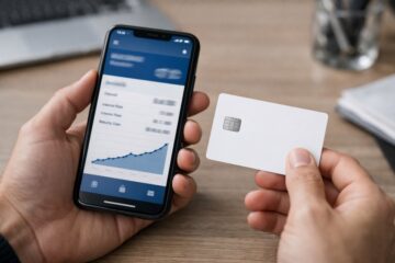 Smartphone con home banking e carta, concetto di conto corrente con somme vincolate