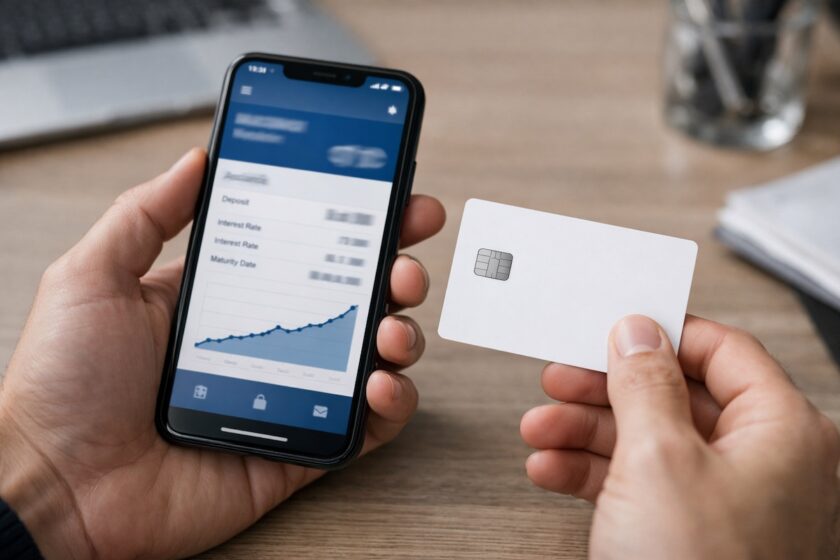 Smartphone con home banking e carta, concetto di conto corrente con somme vincolate