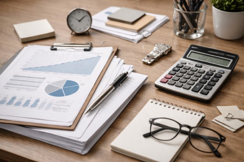 Documenti e calcolatrice su scrivania, concetto di iter e tempi del pignoramento