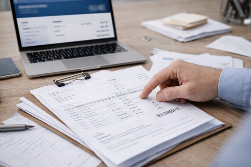 Documenti e fatture su scrivania con laptop, concetto di gestione incassi e scadenze RIBA