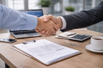 Stretta di mano in ufficio con documenti sul tavolo, concetto di pagamento B2B a scadenza