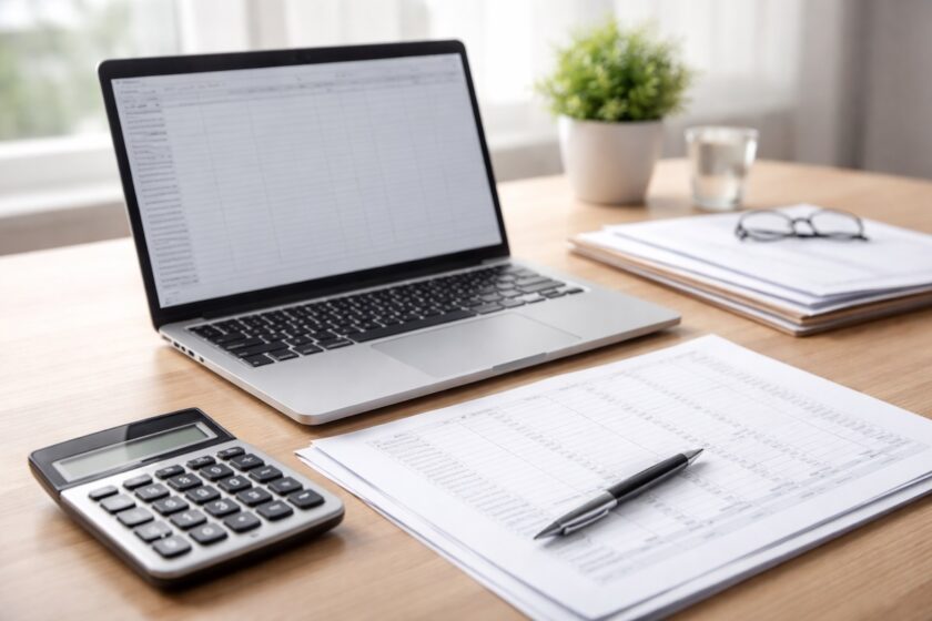 Scrivania con laptop e calcolatrice, concetto di registrazioni contabili e storno scritture