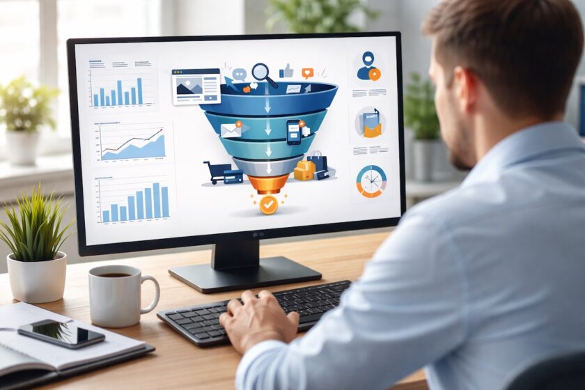 analisi funnel marketing su computer con dati e conversioni
