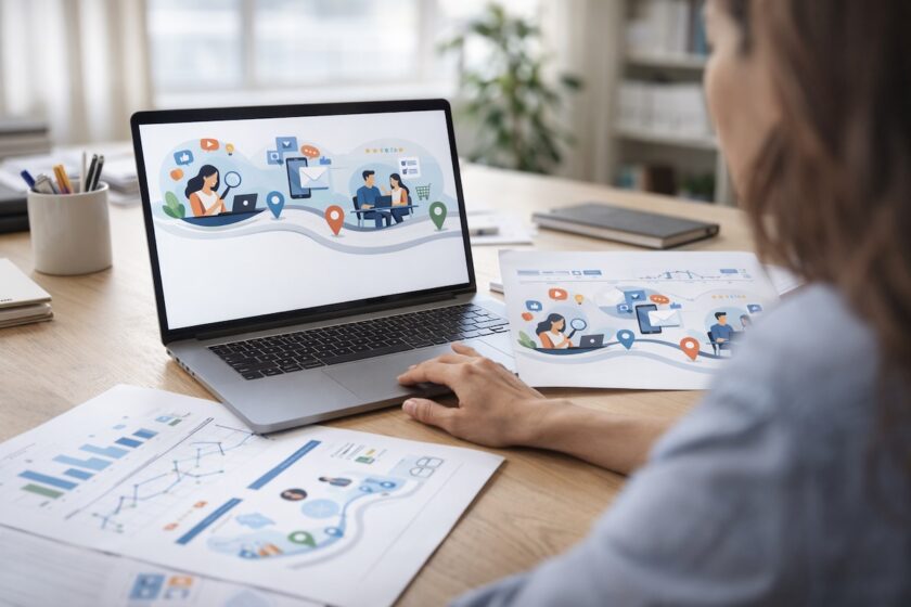 mappa customer journey analizzata su computer con touchpoint e fasi