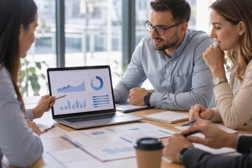 Team marketing analizza dati clienti e valore nel tempo su laptop