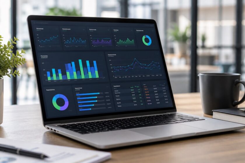 Dashboard marketing con grafici KPI su laptop in ufficio
