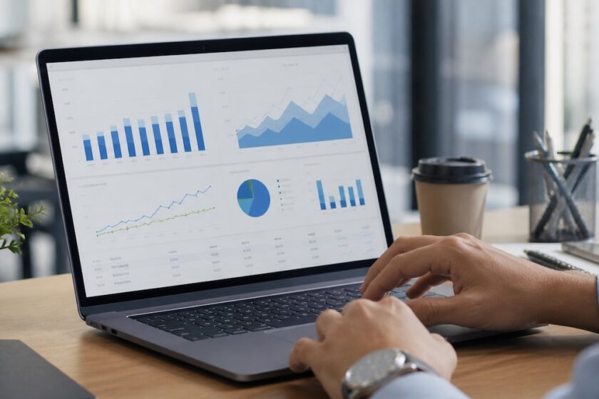 Dashboard di marketing con grafici di ROI, ROAS e ROMI su laptop