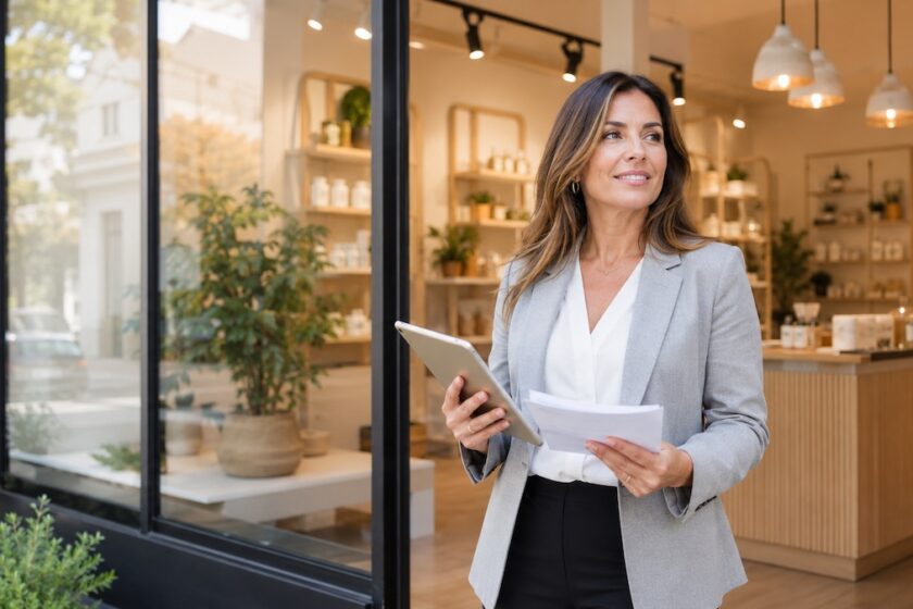 Imprenditrice davanti a un negozio per avviare un’attività in franchising