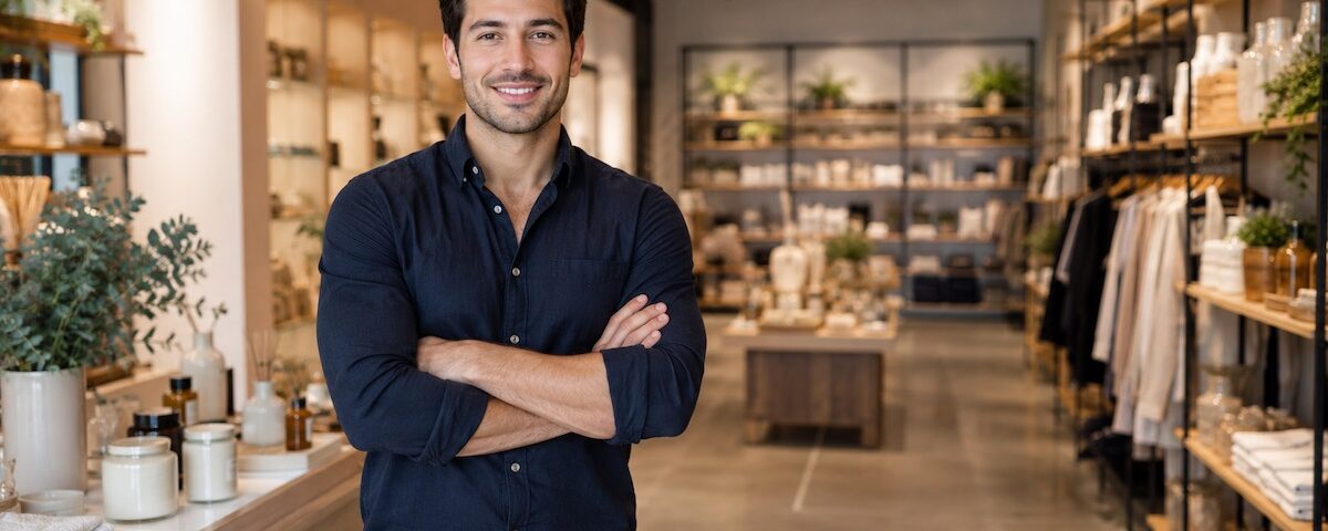 Imprenditore all’interno di un negozio moderno avviato in franchising