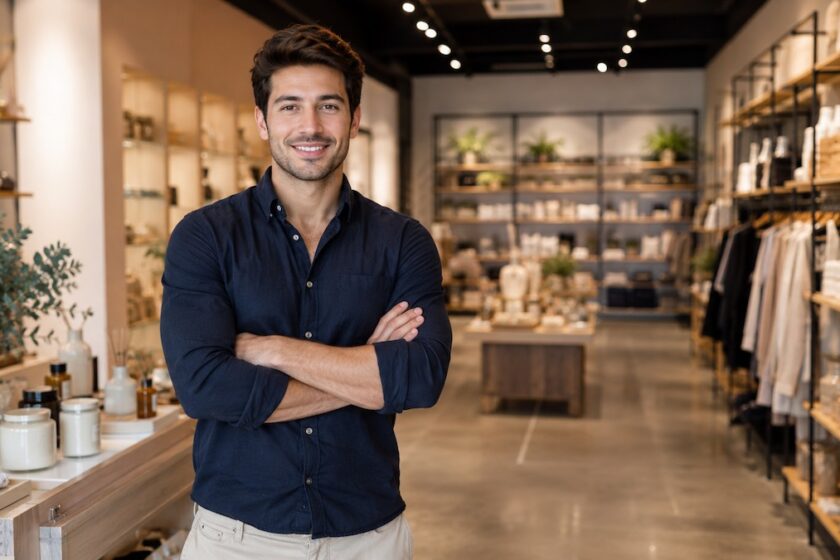 Imprenditore all’interno di un negozio moderno avviato in franchising